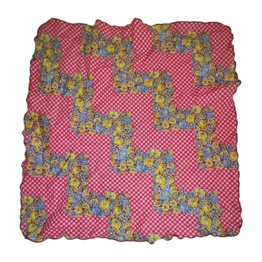 Vintage 60s Red Gingham Floral Scarf Kerchief Picnic Cottagecore Rockabilly
